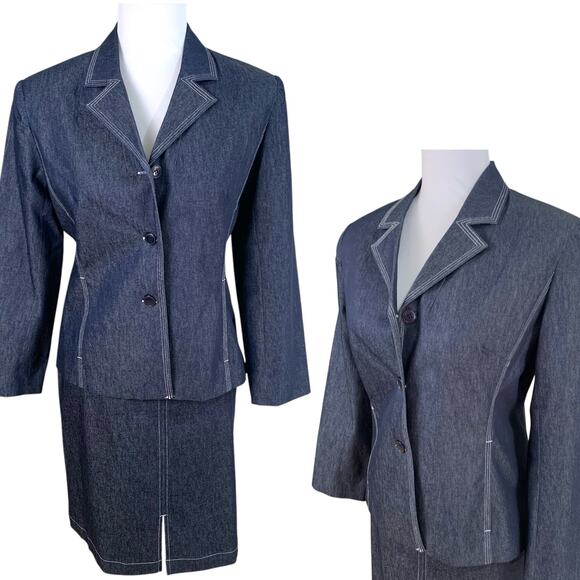 New Vintage Size 4 2-Piece Skirt Suit w/ Blazer Jacket Dark Blue Denim Classic - Picture 1 of 11
